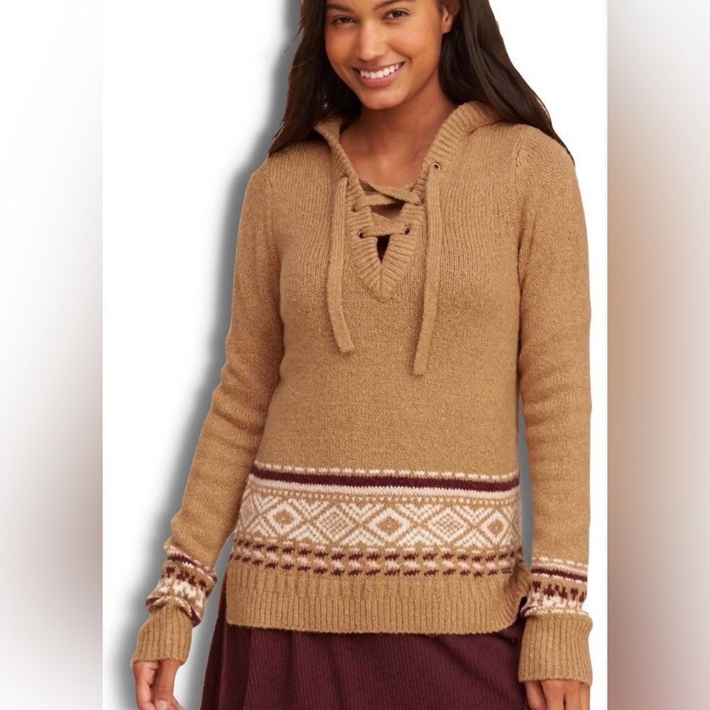 Hollister Womens Brown Tan Lace Up-Neck Fair Isle Hoodie Sweater XS